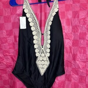 Kona Sol Black Swimsuit with Cream Crochet